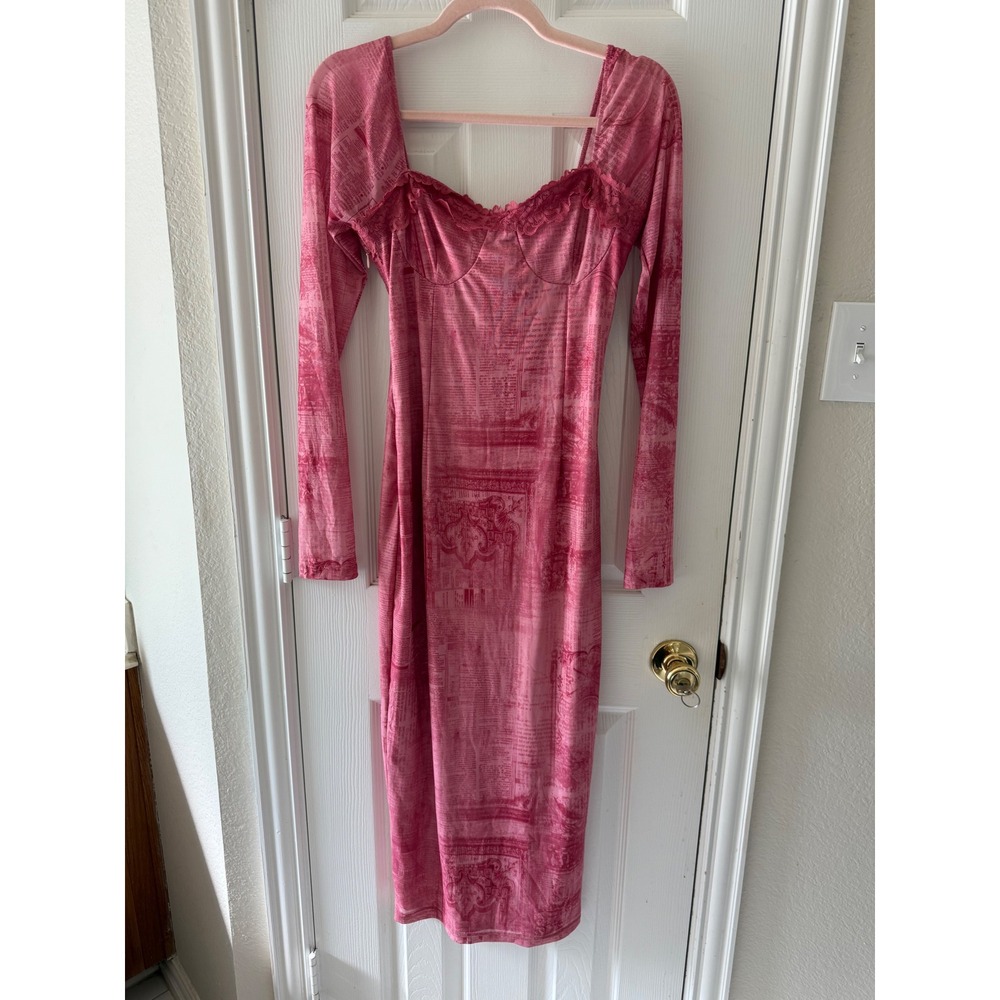 Vintage Y2K Mesh Corset Midi Dress‎ Pink Lace Up Back Grunge Fairycore